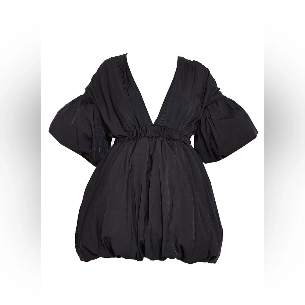 Black Puff Sleeve Puffball Hem Shift Dress - Picture 3 of 3